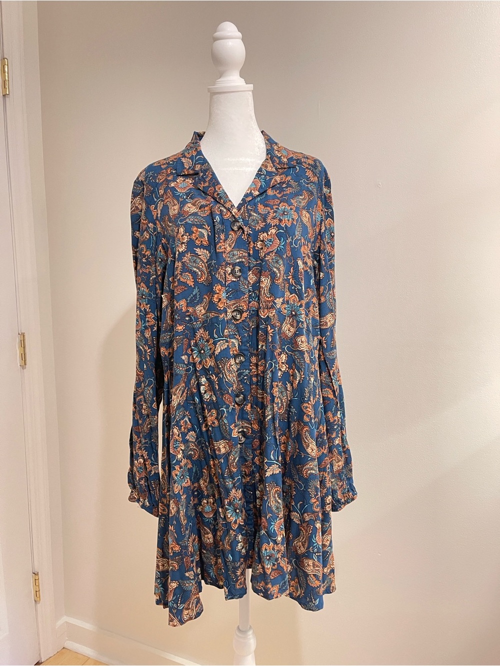 NATURAL LIFE Teal Blue Paisley Long-Sleeve Button Dress